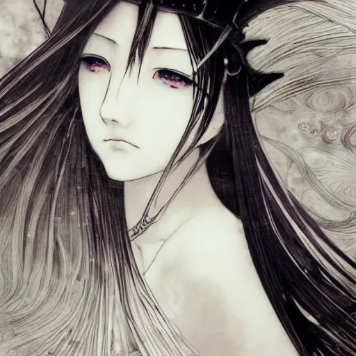 Image similar to yoshitaka amano blurred and dreamy illustration of an anime girl with black eyes, wavy white hair fluttering in the wind wearing elden ring armor and crown with engraving, highly detailed face, abstract black and white patterns on the background, noisy film grain effect, highly detailed, renaissance oil painting, weird portrait angle, blurred lost edges, three quarter view