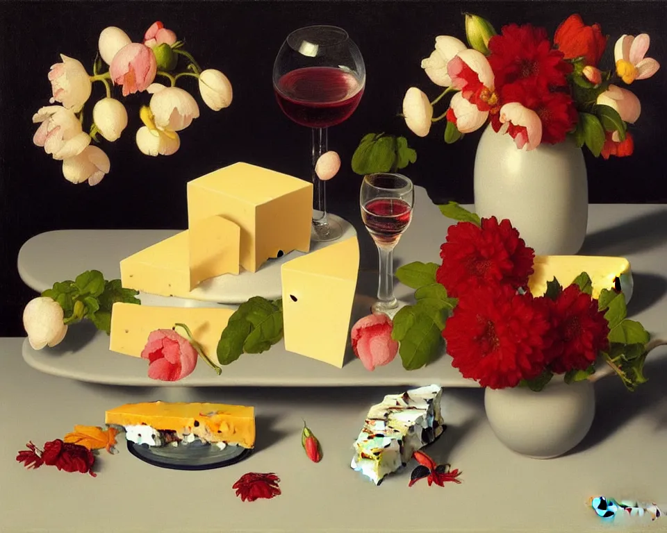 Image similar to an achingly beautiful still life featuring blooming flowers, cheese, red wine, and miniatures by Raphael, Hopper, and Rene Magritte. detailed, romantic, studio lighting, enchanting, trending on artstation.