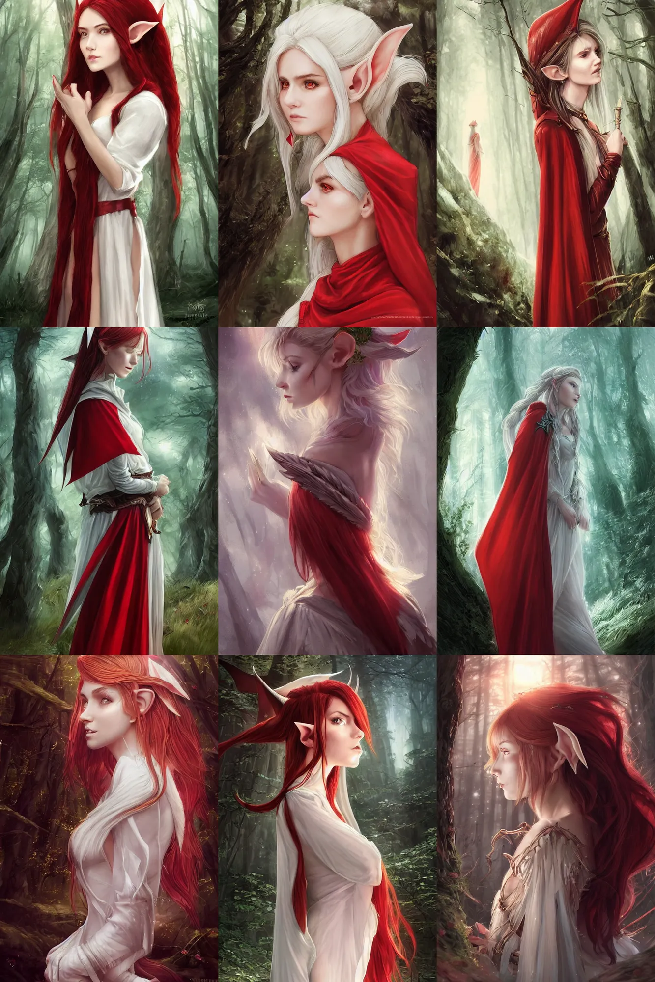 Prompt: side portrait headshot high-fantasy elf girl with detailed pointed sharp long ears, translucent off-white gown and red cloak, fantasy forest landscape, moonshine, fantasy magic, flowing red hair, dark light night, intricate, elegant, sharp focus, illustration, highly detailed, digital painting, concept art, matte, art by WLOP and Artgerm and Greg Rutkowski and Alphonse Mucha, masterpiece