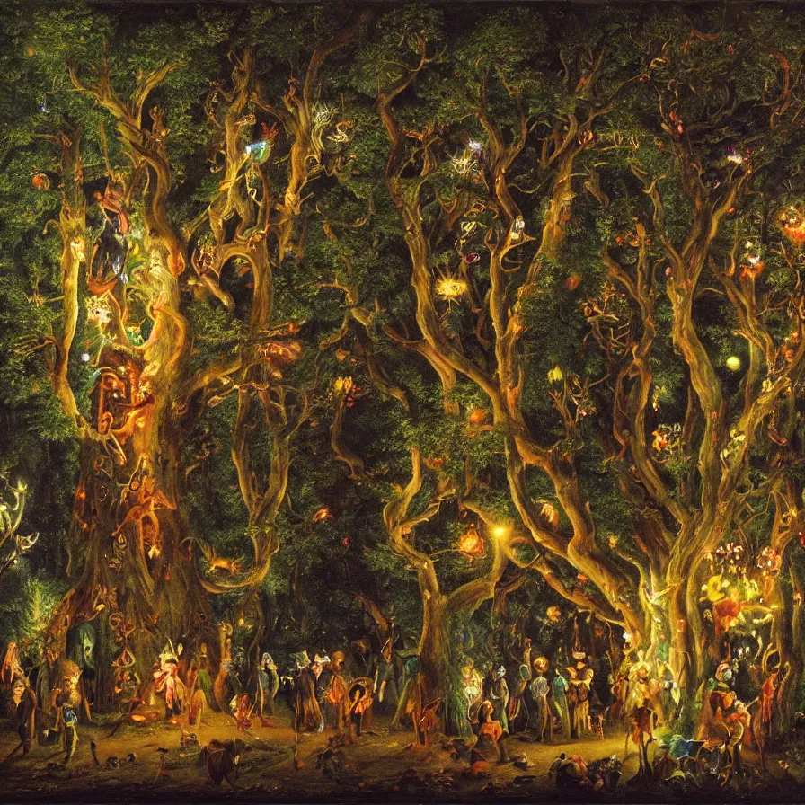 Image similar to a night carnival around a magical tree cavity, with a surreal orange moonlight and fireworks in the background, next to a lake with iridiscent water, christmas lights, folklore animals and people disguised as fantastic creatures in a magical forest by summer night, masterpiece painted by julius schnorr von carolsfeld, dark night environment