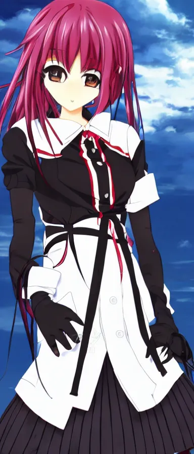 Image similar to Anime Screenshot of a “red-eyed black-haired anime fox girl” wearing black fingerless-gloves, high-waist-black-skirt, white-collared-shirt blue-open-jacket, black-necktie, unsheathing her katana, white background, visual-key, anime illustration, pixiv, anime-twitter