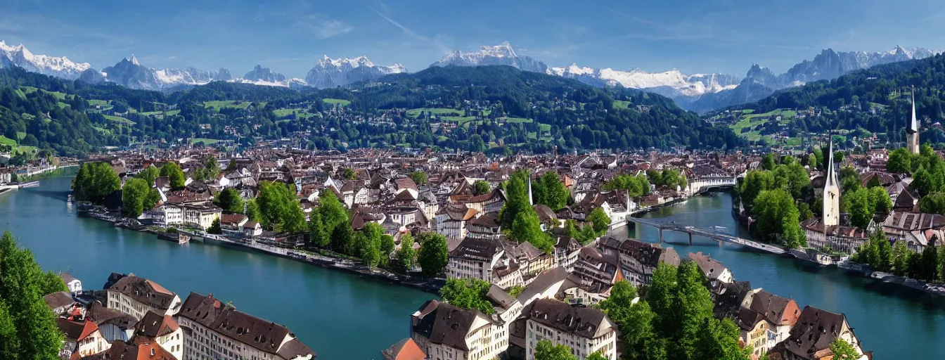 Image similar to Photo of Zurich, looking down the Limmat at the lake and the alps, Hardturm, Grossmünster, Lindenhof, Üetliberg, wide angle, volumetric light, hyperdetailed, light blue water, artstation, cgsociety, 8k