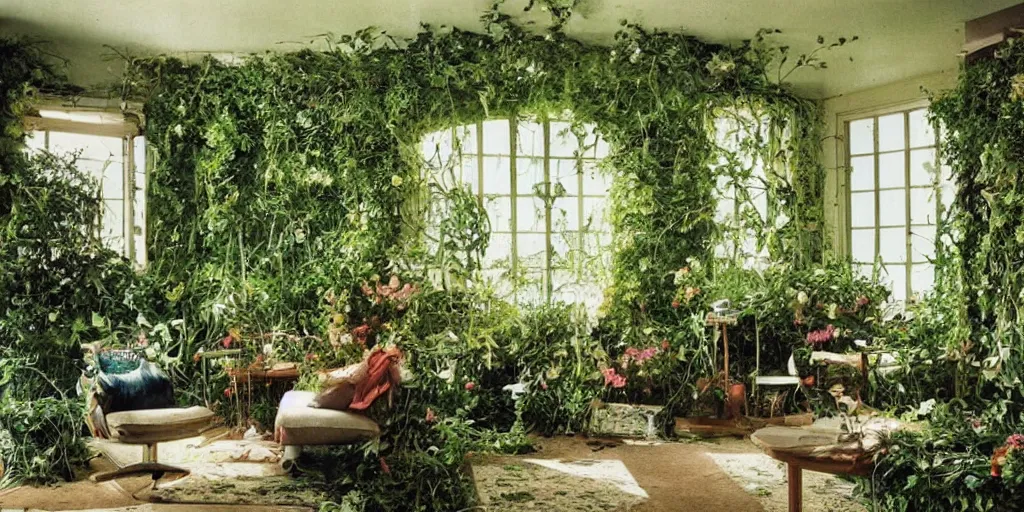 Prompt: a 1 9 8 0 s living room interior covered and overgrown with grass, bushes and some flowers and vines, night, lights one