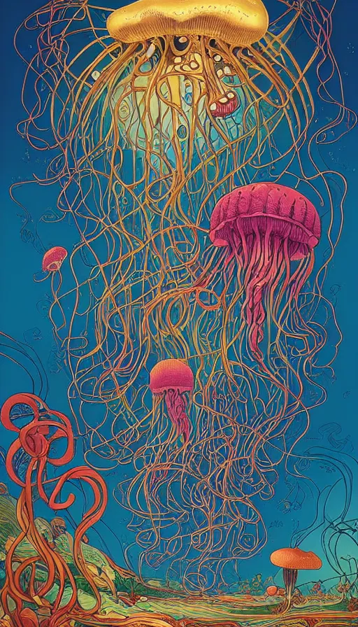 Image similar to The flowery land of the jellyfish, italian futurism, Dan Mumford, da vinci, Josan Gonzalez