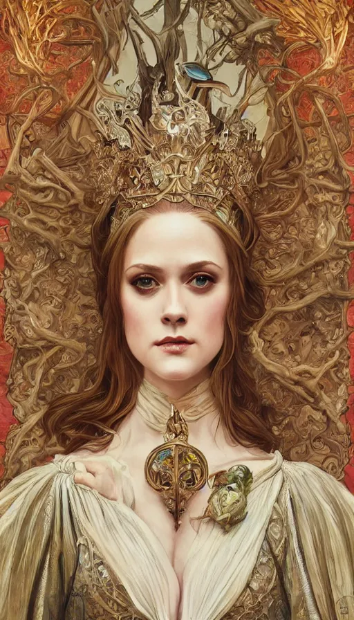 Image similar to a oil painting of a evan rachel wood queen, cute, fantasy, intricate, elegant, highly detailed, centered, digital painting, artstation, concept art, smooth, sharp focus, illustration, art by artgerm and h r giger and alphonse mucha