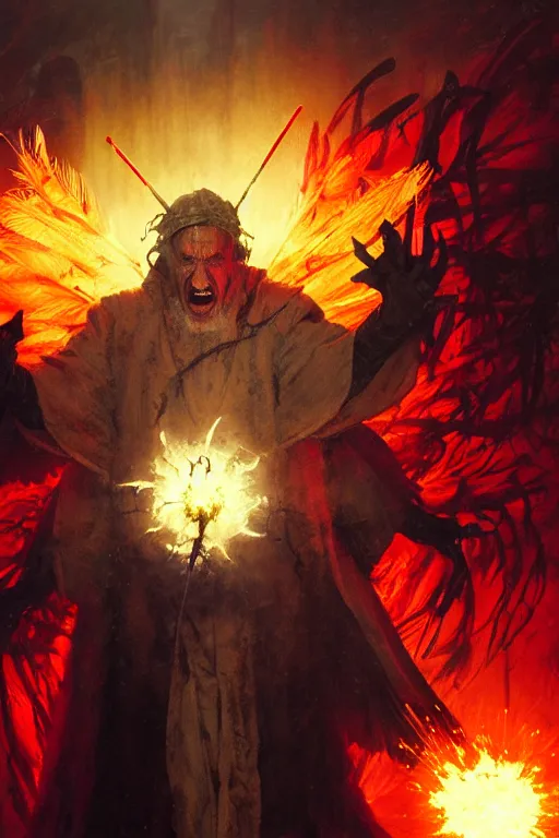 Image similar to crazy, insane old priest in dirty robes, surrounded by a force field of glowing crow feathers, holding a glowing warhammer portrait dnd, painting by gaston bussiere, craig mullins, greg rutkowski, yoji shinkawa