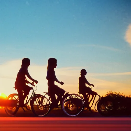 Image similar to teens riding their bikes in the 1 9 8 0 s, long shot, sunset at the golden hour, photoreal, synthwave style