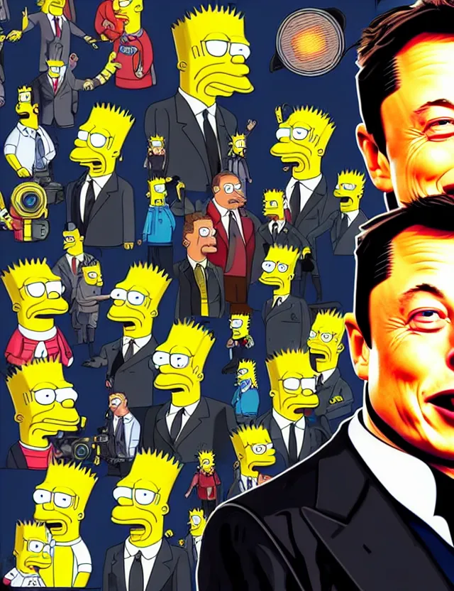 Image similar to a detailed illustration of elon musk in the style of the simpsons, trending on artstation, digital art, 4 k resolution, detailed, high quality, sharp focus, hq artwork, coherent, insane detail, character portrait