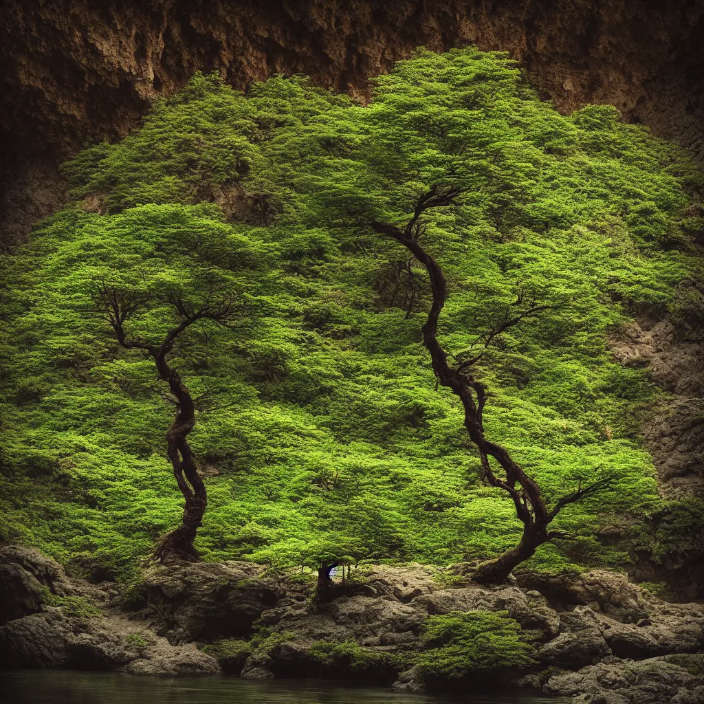 Prompt: long shot of a tiny tree on an island in a river in an underground cave. fantasy magic style. highly detailed 8 k. intricate. lifelike. epic. movie poster. soft light. sony a 7 r iv 5 5 mm. cinematic post - processing