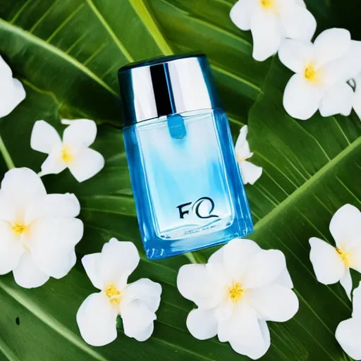 Prompt: centered bright perfume bottle sitting in shallow clear blue rippling water surrounded by a plethora of white flowers and tropical leaves and fauna upfront, with dreamy bright blue sky and clouds in the background, softly - lit, soft - warm, zen, light, modern minimalist f 2 0 clean