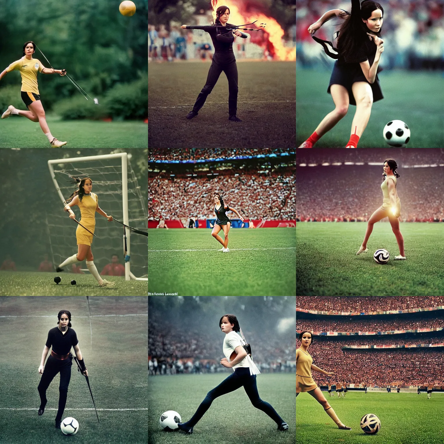 Prompt: Katniss Everdeen about to kick a ball into a goal, at the World Cup, bokeh, shallow depth of field, candid portrait photography by Annie Leibovitz