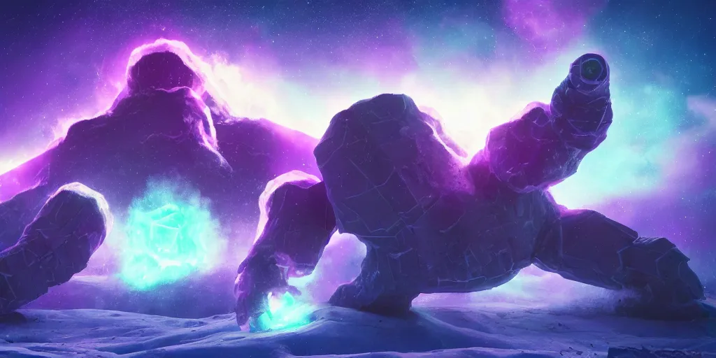 Prompt: intergalactic, galaxy, giant purple ice golem, fire, glow, cinematic photo, forest, mountain, video game concept art