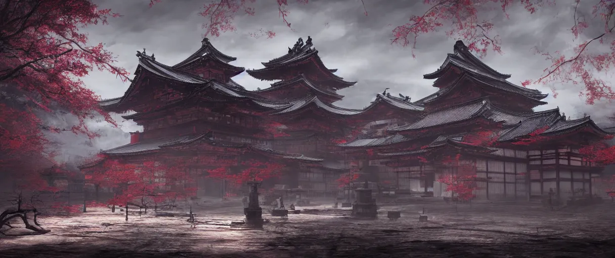 Prompt: gothic Japanese Shinto temple, concept art, digital painting, matte painting, in the style of sekiro, Bloodborne, dark souls, demon souls, dark, night time, volumetric lighting, large scale, high detail, trending on art station, view from afar