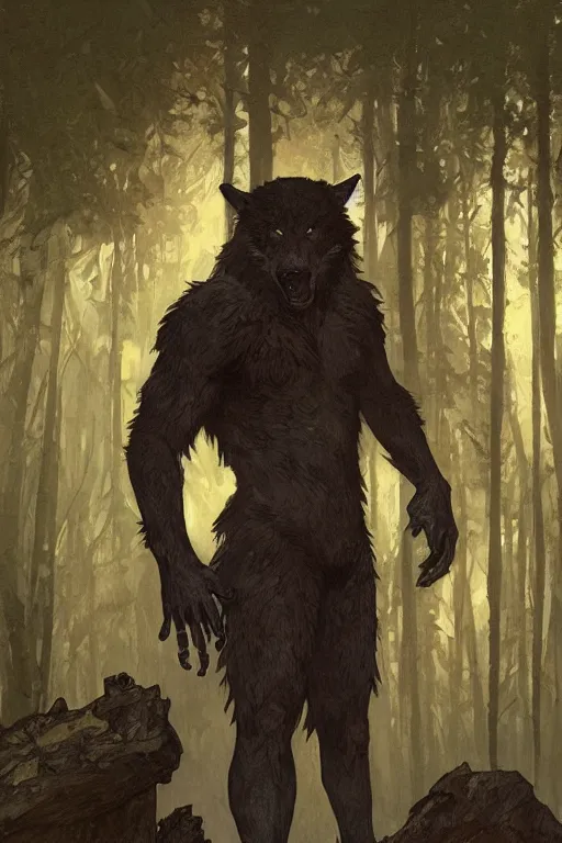 Image similar to fullbody portrait of a male werewolf, bared teeth, long claws, by greg rutkowski and alphonse mucha, gradient brown to silver, in front of a forest at night background, highly detailed, digital painting, artstation, concept art, smooth, sharp focus illustration