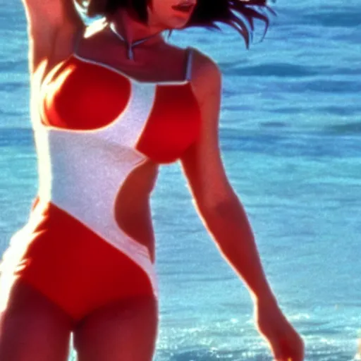Prompt: a film still of overwatch's tracer in baywatch ( 1 9 8 9 )