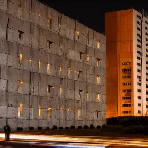 Image similar to soviet brutalist architecture, well lit, night