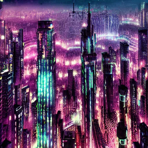 Prompt: an alein's city, seamless forest of high buildings, with neon night spots, black moons, postcyberpunk, telephoto, photorealistic, high details, 8 k