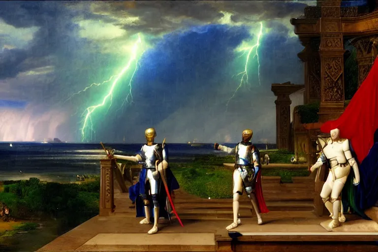 Prompt: Knight leaving the palace through the bridge, refracted sparkles, thunderstorm, beach and Tropical vegetation on the background major arcana sky and symbols, by paul delaroche, hyperrealistic 4k uhd, award-winning, very detailed paradise