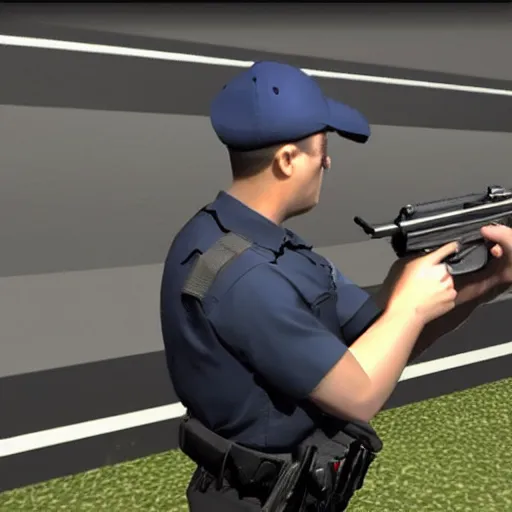 Prompt: cop aiming gun at man in the simulation