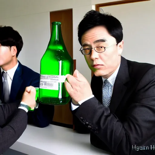 Image similar to korean business men drinking from green bottles by huskmitnavn