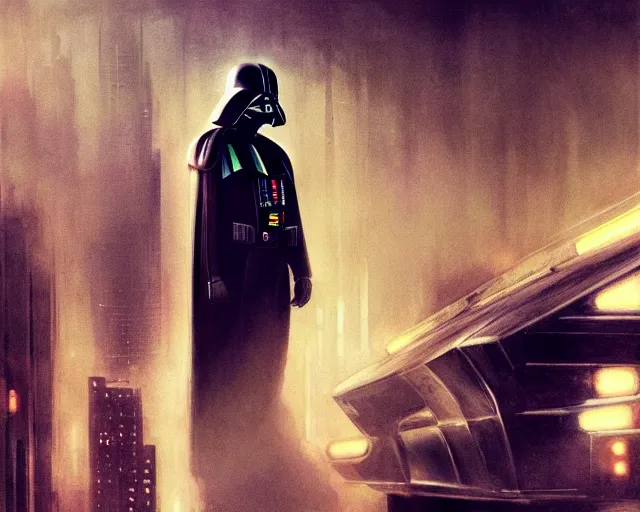 Image similar to 2 0 1 8 blade runner movie still darth vader look at the cityscape from roof perfect face fine realistic face pretty face reflective polymer suit tight neon puffy jacket blue futuristic sci - fi elegant by denis villeneuve tom anders zorn hans dragan bibin thoma greg rutkowski ismail inceoglu illustrated sand storm alphonse mucha