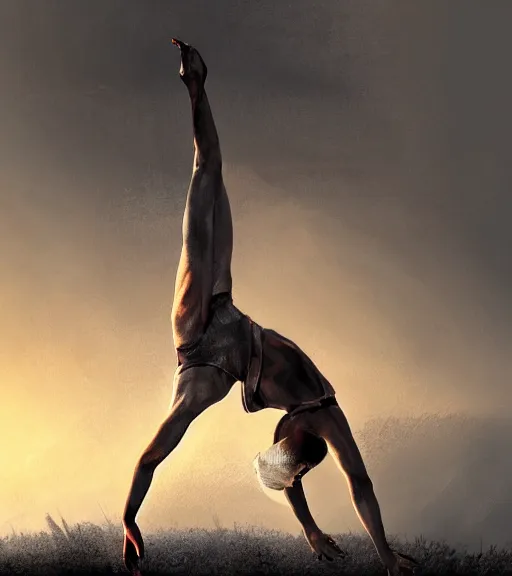 Image similar to Portrait of angel doing handstand acrobatic movement, in the apocalyptic sunrise, countryside, dimly lit, wispy smoke, intricate, highly detailed, digital painting, artstation, concept art, sharp focus, illustration, art by einar jonsson