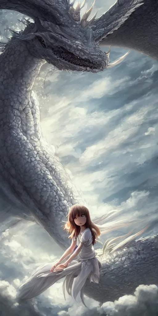 Image similar to the beautiful hyper detailed portrait render that a beautiful princess sitting on the back of a huge silver white dragon alone in fairyland surrounded by white clouds, finely detailed angelic face delicate features, style of studio ghibli, makoto shinkai, raphael lacoste, artgerm, james jean, ross tran, animation style, hd, ultra wide angle