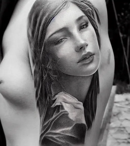 Prompt: a beautiful girl portrait faded in a mountain scenery, realism tattoo, in the style of den yakovlev, black and white, hyper realistic, highly detailed