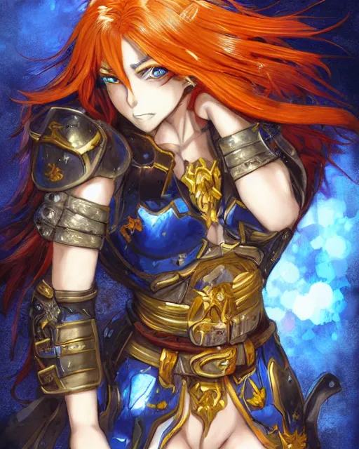 Image similar to An anime portrait of a beautiful D&D half-orc female with long wavy dark blue hair, bright orange eyes, intricate full body armour, fantasy soldier, by Stanley Artgerm Lau, WLOP, Rossdraws, James Jean, Andrei Riabovitchev, Marc Simonetti, and Sakimichan, highly detailed, ultra detailed, golden hour, trending on artstation, cgstudio