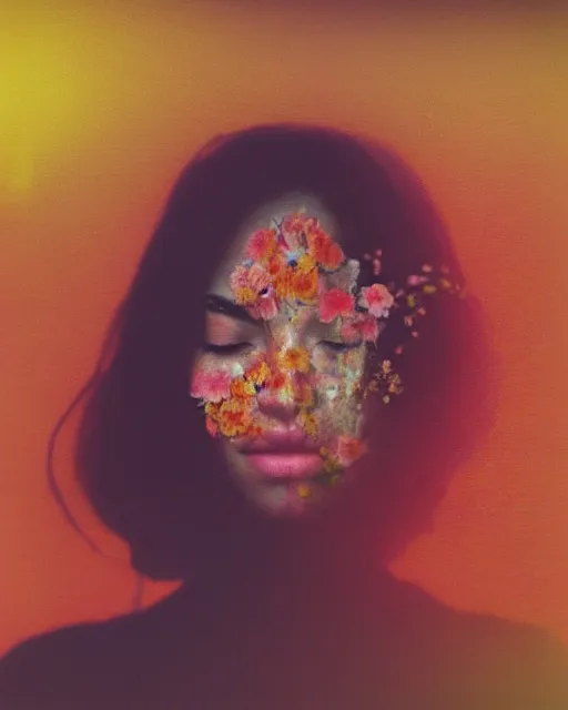 Prompt: a woman's face in the water, flowers, serene emotion, new polaroid, glitched, hazy, red, orange, yellow, soft lighting, jellyfish