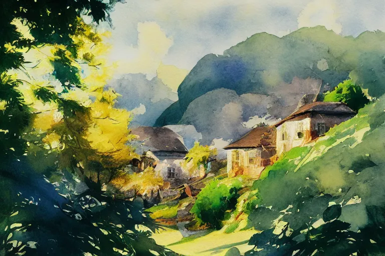 Image similar to small centered on watercolor paper, paint brush strokes, abstract watercolor painting of madeira landscape, traditional hayroof house, sunlight shining through leaf, translucent leaves, cinematic light, national romanticism by hans dahl, by jesper ejsing, by anders zorn, by greg rutkowski, by greg manchess, by tyler edlin