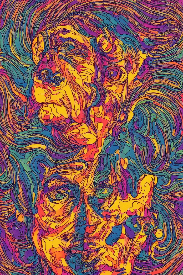 Image similar to beautiful colorful hyperrealist highly detailed psychedelic music poster'the floating head of patton oswalt ', psychedelic art nouveau, beautiful high contrast colored wood engraving, moebius comic style, shocking detail trending on artstation 8 k