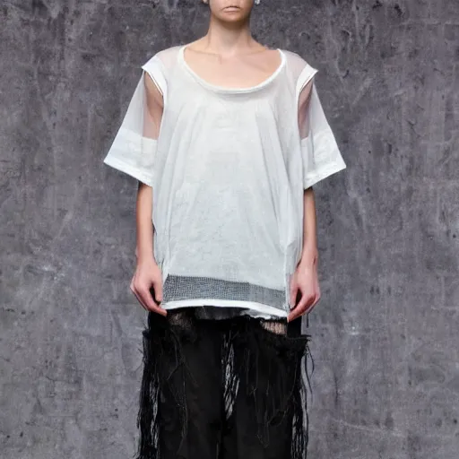 Prompt: gauzy canvas and mesh t - shirt made out of flaky organic materials, cartilage - like, feathery, fiber, stringy gauze, mud