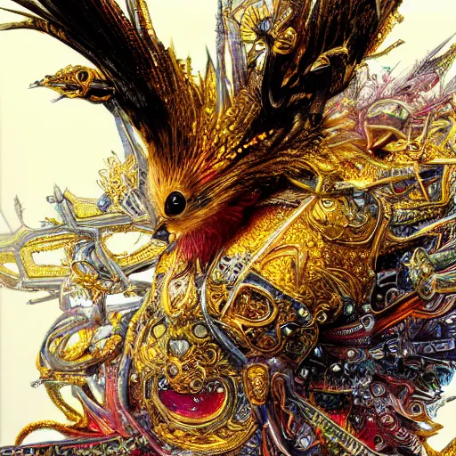 Prompt: camera photo of a colorful small bird, golden crown, from overlord, close up, fantasy, intricate, elegant, highly detailed, digital painting, artstation, concept art, sharp focus, illustration, art by luis royo, wayne barlowe, kirsi salonen, asya yoranova and alan lee