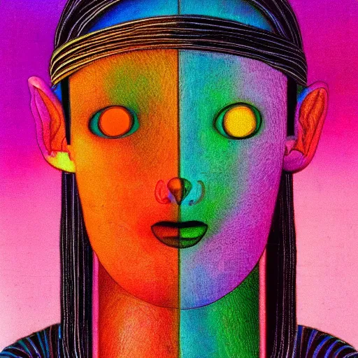 Prompt: three third eyed humanoids eye middle of forehead, wide wide, bodies, vivid colors, thin wires, beautiful lighting