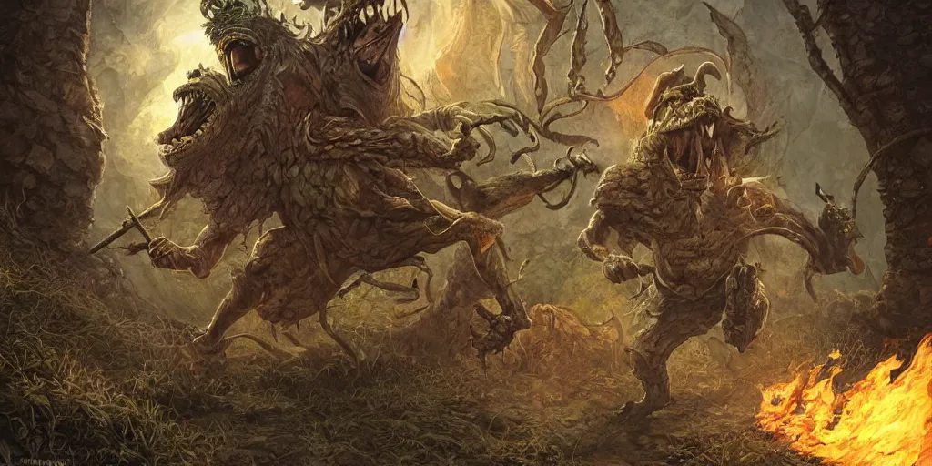 Prompt: illustration of adventurer running away from angry burning goblin screaming for help, classic fantasy, discworld, terry pratchet, detailed, atmospheric light, by marco bucci and danny flynn