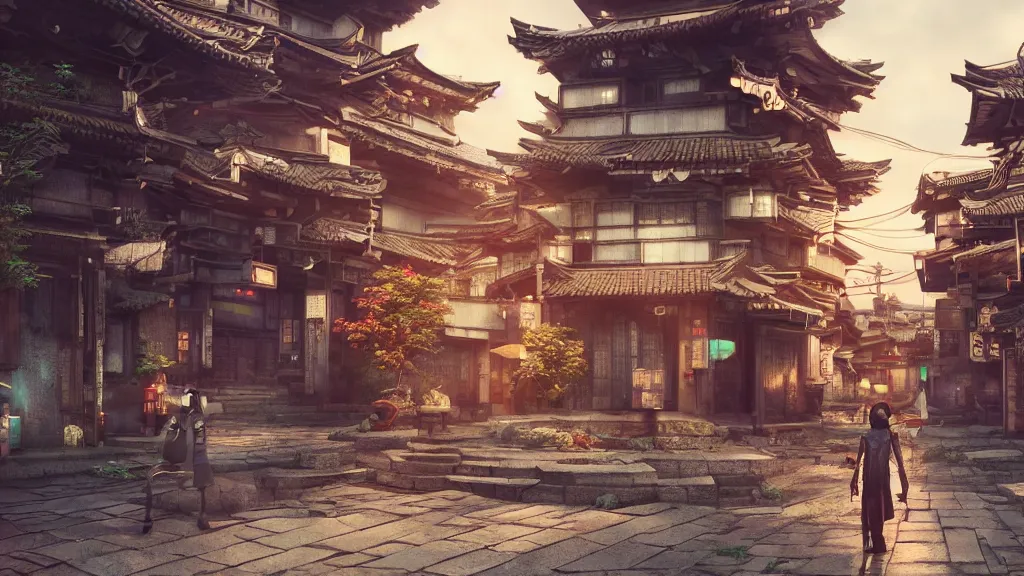 Image similar to immersed in oriental, cyberpunk, japanese village, octane render, fantasy,, hyperrealistic, highly detailed, 4 k hd