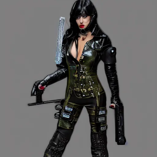 Image similar to full shot photo of a female cyberpunk musketeer