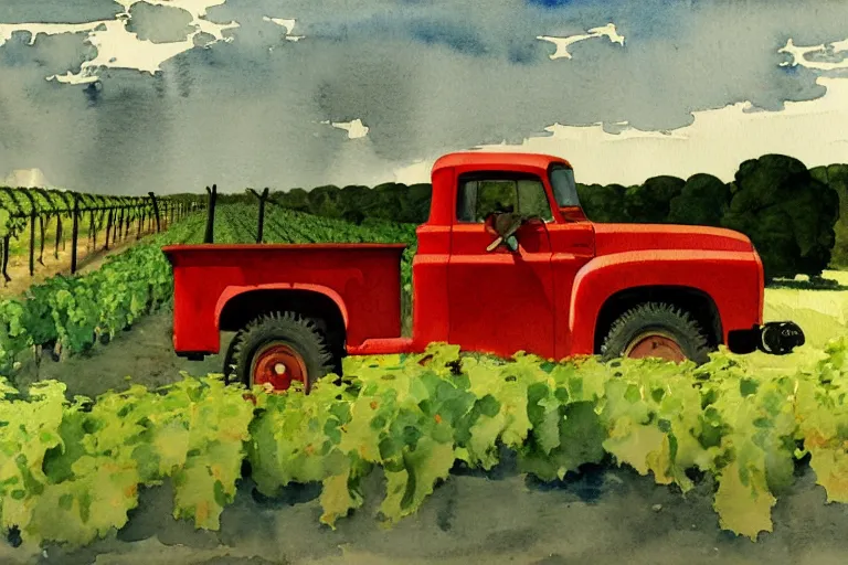 Prompt: watercolor painting of bbc a vintage red truck in a vineyard by winslow homer