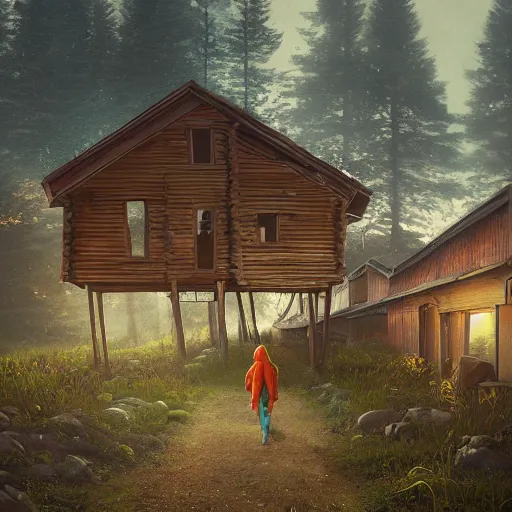 Image similar to woman leaving her wooden broken house by simon stålenhag, very highly detailed, award winning, rendered by Beeple, by Makoto Shinkai, syd meade, starwars, space art concept, digital art, unreal engine, blender, WLOP, trending on artstation, 4K UHD image, octane render