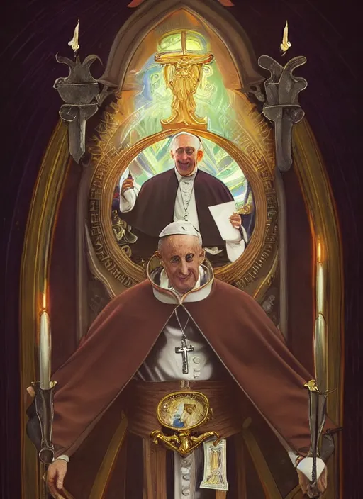 Image similar to pope francis, wearing a suit, tarot card art, deep focus, d & d, fantasy, intricate, elegant, highly detailed, digital painting, artstation, concept art, matte, sharp focus, illustration, hearthstone, art by artgerm and greg rutkowski and alphonse mucha