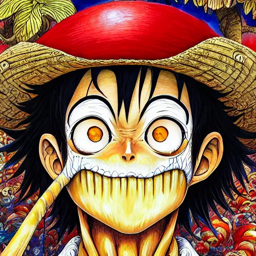 Image similar to beautifil monkey d. luffy painted in jacek yerka aykut aydogdu and leslie zhang style drawn by vania zouravliov and takato yamamoto, intricate acrylic gouache painting, high detail, sharp high detail, artstation, manga and anime