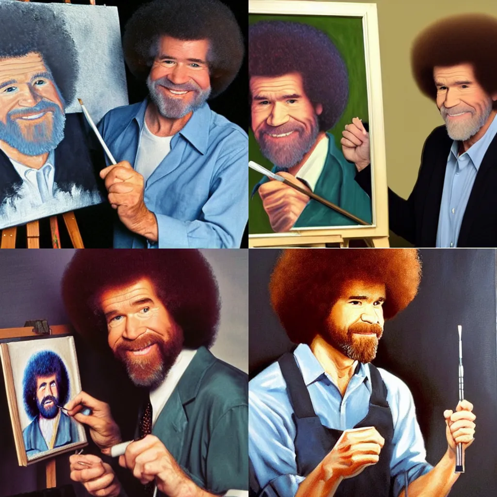 Prompt: A painting of Bob Ross painting a portrait of Bob Ross painting a portrait of Bob Ross.