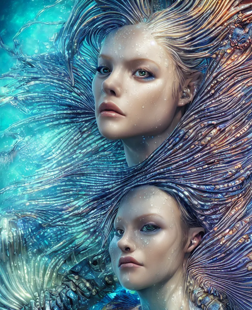 Image similar to close-up macro portrait of the face of a beautiful mermaid, epic angle and pose, symmetrical artwork, 3d with depth of field, blurred background, cybernetic lionfish female face skull phoenix bird, translucent, nautilus, energy flows of water and fire. a highly detailed epic cinematic concept art CG render. made in Maya, Blender and Photoshop, octane render, excellent composition, cinematic dystopian brutalist atmosphere, dynamic dramatic cinematic lighting, aesthetic, very inspirational, arthouse. y Greg Rutkowski, Ilya Kuvshinov, WLOP, Stanley Artgerm Lau, Ruan Jia and Fenghua Zhong