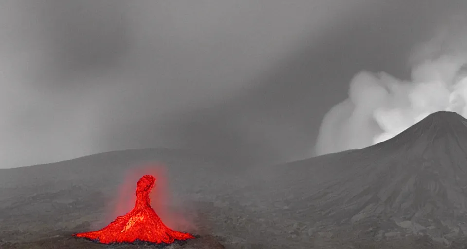 Image similar to a volcano made of ivory vines and crimson rocks enters in eruption, it spits a smoke in the shape of demonic eye, with Vray