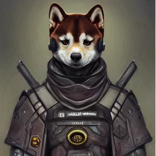 Image similar to lotus pose, anthropomorphic shiba inu, realistic scifi cyberpunk, wearing for man ukrainian traditional black vyshyvanka clothes, portrait art by donato giancola and greg rutkowski, realistic face, digital art, trending on artstation, symmetry