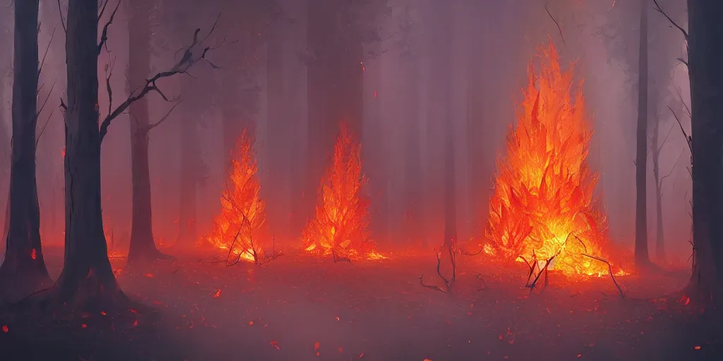 Image similar to A flaming forest of trees, flaming leaves,fire ,Magma, artstation, concept art,by greg rutkowski