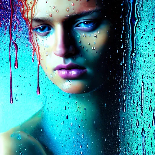 Image similar to dramatic portrait of revelation in uniquely colored rain with wet hair and face, liquid drops, epiphany, bliss, fantasy, intricate, elegant, dramatic lighting, highly detailed, lifelike, photorealistic, digital painting, artstation, concept art, smooth, sharp focus, illustration, art by John Collier and Albert Aublet and Krenz Cushart and Artem Demura and Alphonse Mucha