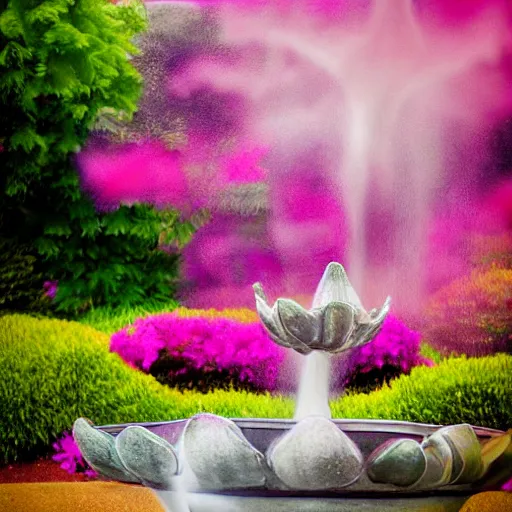 Image similar to photograph of flower fountain designed by Georgia O'Keefe, feminine, beautiful, curvy, flowers background, romantic, sensual, shallow depth of field, romantic lighting