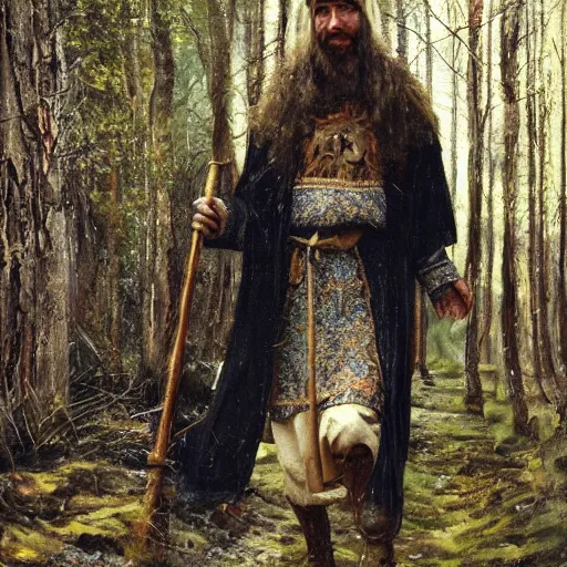 Image similar to Slavic dog head man, woolen torso in medieval clothes, walking in the forest, Orthodox Saint Christopher, oil painting, painting by Viktor Vasnetsov, concept art, hyperrealism, beautiful, high resolution, trending on artstation, by Luis Royo